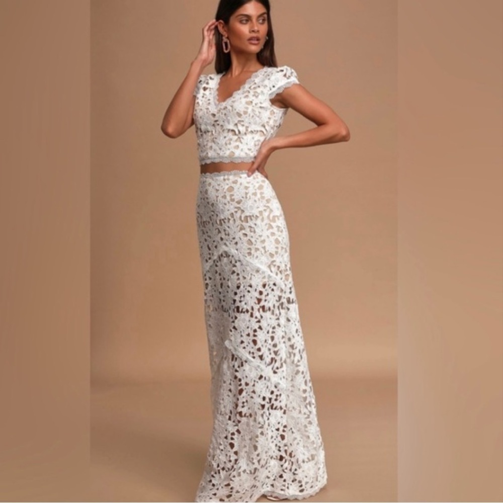 NWT size XL Lulu's White Crochet Lace Maxi Two-Piece Dress